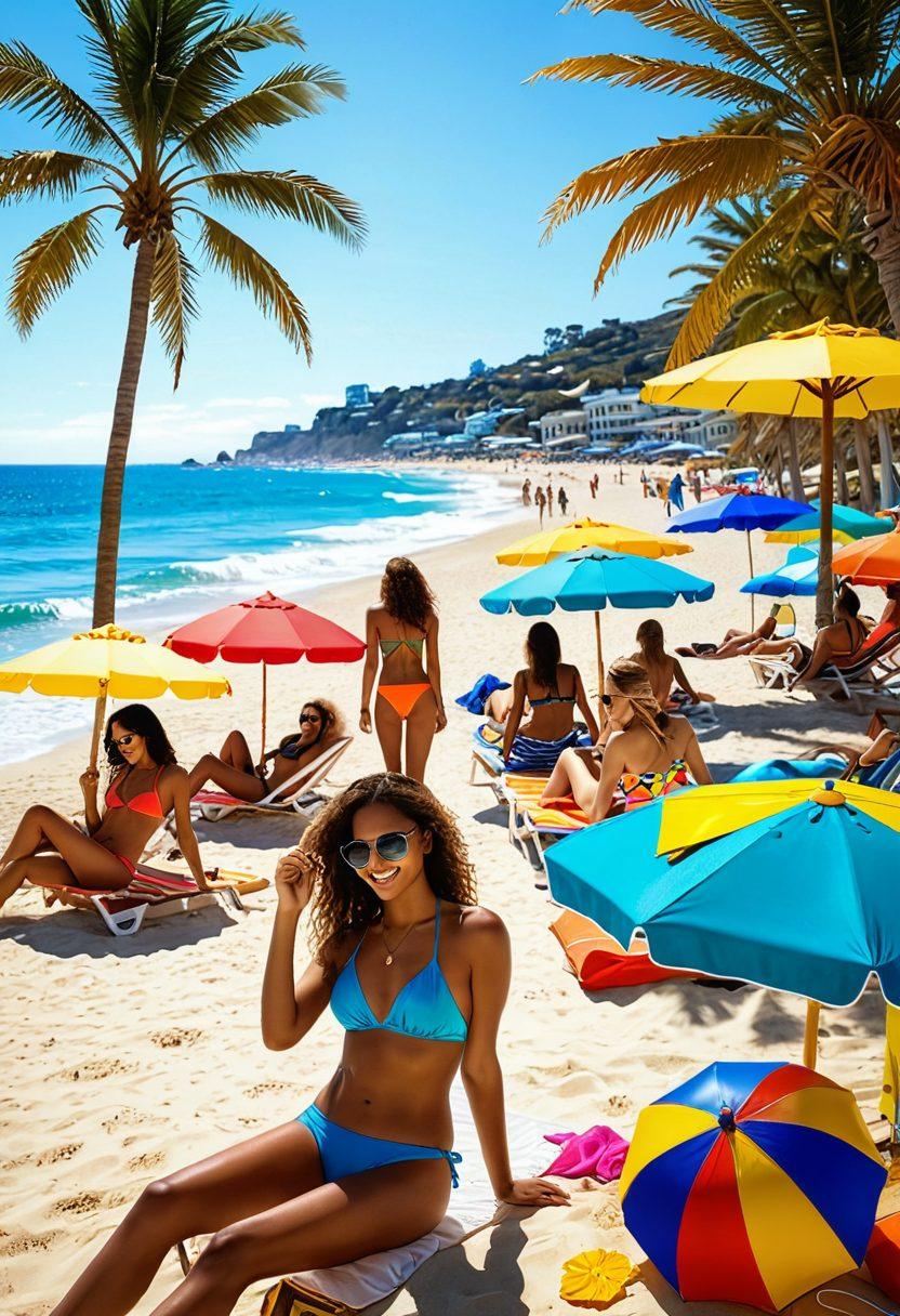 A vibrant beach scene featuring diverse models wearing trendy swimsuits, surrounded by colorful beach umbrellas and sun loungers. Bright blue waves crashing in the background, with palm trees swaying gently in the breeze. Warm sunlight illuminating the moment, creating a joyful and inviting atmosphere. Include beach accessories like sunglasses and beach balls for added fun. vibrant colors. super-realistic.