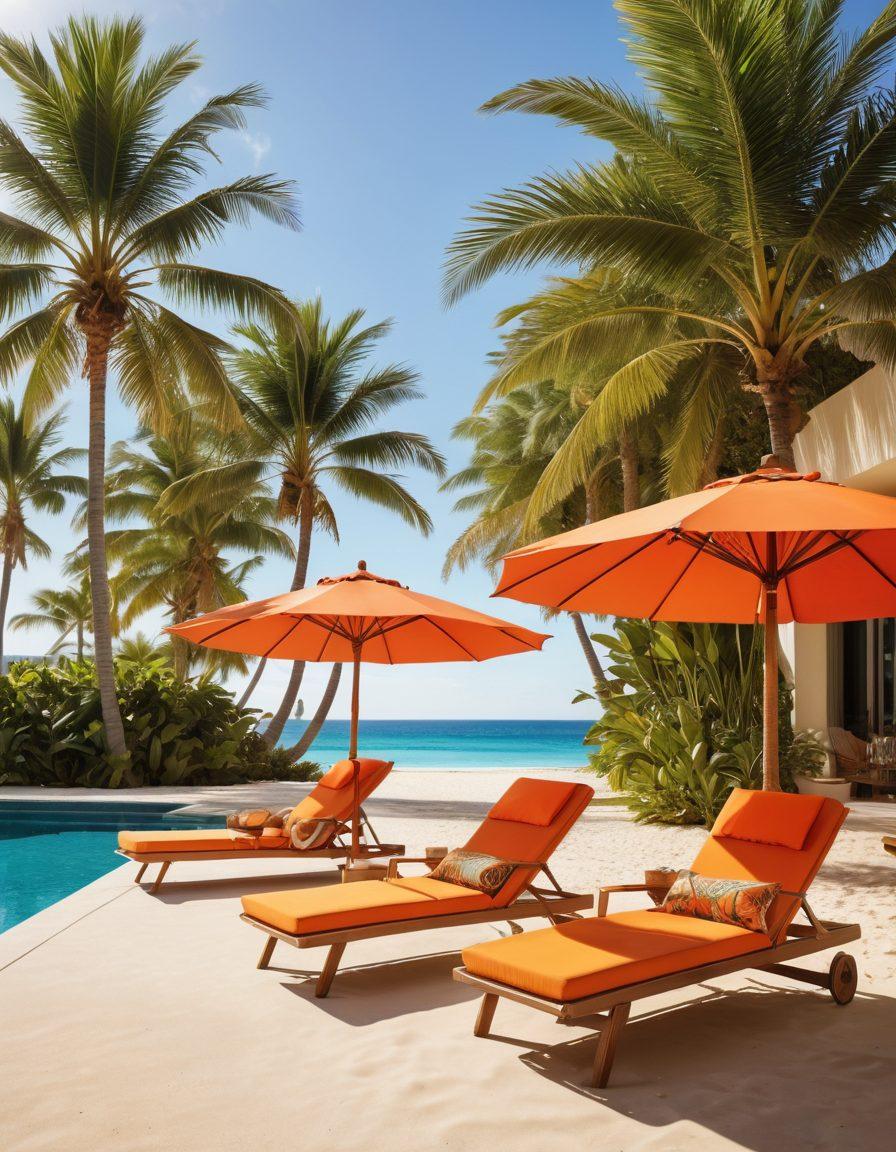 A stylish beach scene, showcasing diverse models wearing chic summer beachwear: bright swimsuits, flowy cover-ups, and trendy accessories. Include a vibrant beach with golden sand, palm trees swaying, and a luxurious poolside in the background. The sun reflecting off the water, creating a lively summer atmosphere. Emphasize colorful beach umbrellas and lounge chairs to enhance the summer vibe. super-realistic. vibrant colors. summer aesthetic.